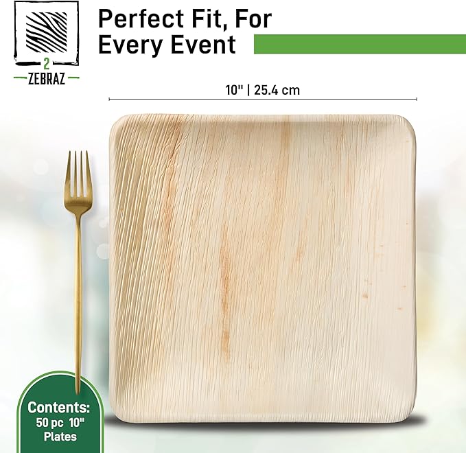 Premium 10??Palm Leaf Disposable Plates ??Set of 50, Heavy-Duty Dinner Plates, Natural Plastic Alternative, Compostable & Microwave Safe for Weddings, Parties & Events