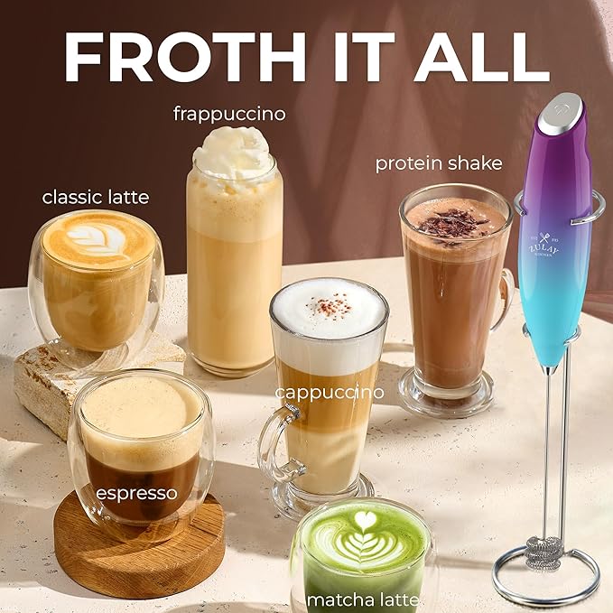 Zulay Kitchen Patented Tornado Triple Whisk Milk Frother with 4 Duracell Batteries ??Handheld Foam Maker for Coffee, Lattes, Matcha & Hot Chocolate ??Rich, Creamy Froth in Seconds