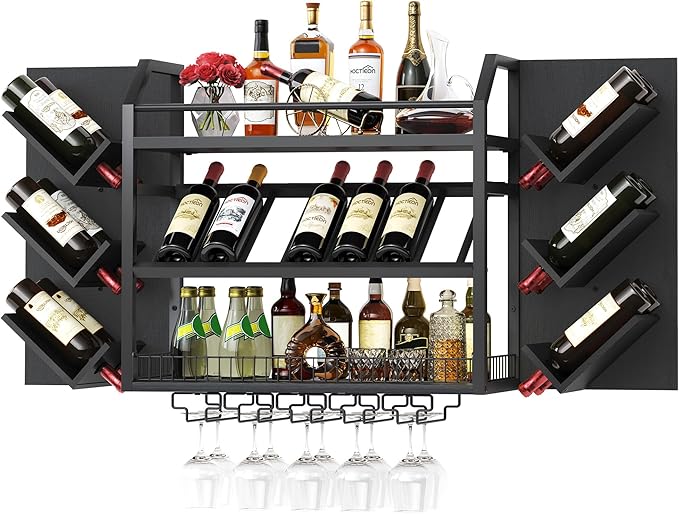 Hoctieon Wall Mounted Wine Rack, 3 Tier Hanging Wine Racks with Glass Holder, Large Capacity Bar Shelves, Metal Wood Bottle Display Storage for Kitchen, Home Bar, Dining Room, Black