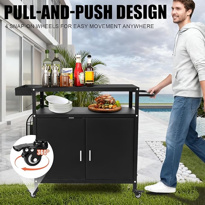 Kqoya Grill Cart with Storage, Outdoor Bar Cart Rolling BBQ Cart Movable Pizza Oven Table Stand with Foldable Stainless Steel Top & Storage Cabinet, Black（34.6 x 17.7 x 34.6 Inch）