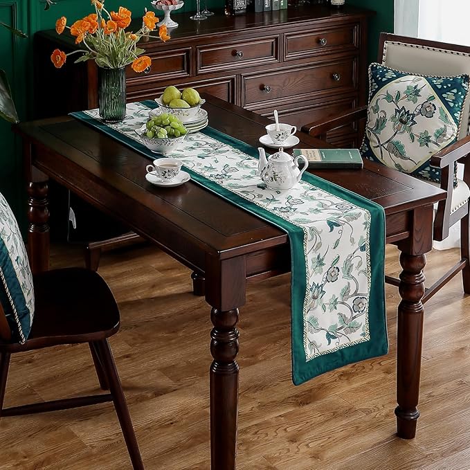 patdrea Designer Elegant French Floral Velvet Table Runner, Teal with Blossoms Pattern Table Mat, Decoration for Kitchen Dining Coffee Table Shelf Cabinet Banquet Thanksgiving,12"*87"