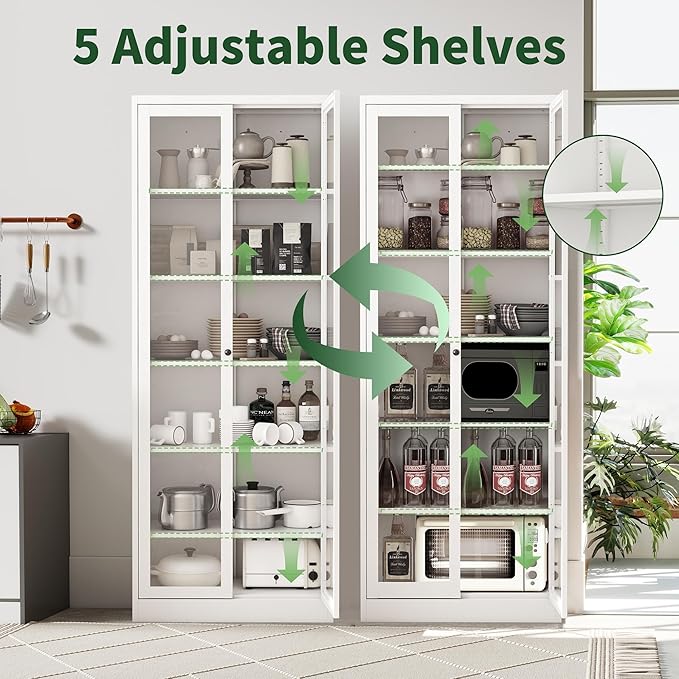 72" Tall Kitchen Pantry Cabinet,White Metal Pantry Cabinet with 2 Doors & 5 Adjustable Shelves,Utility Storage Cabinet Rust-Resistant for Living Room,Dining Room,Bathroom,Garage,Basement