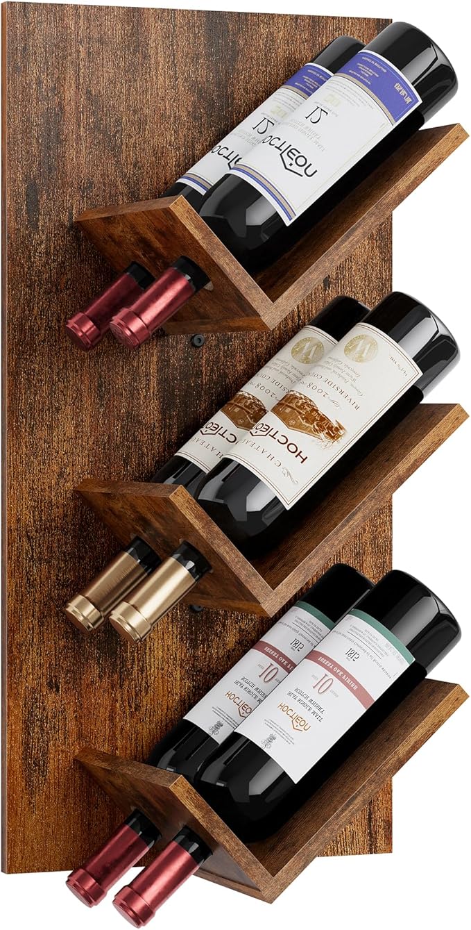 Hoctieon Wine Rack Wall Mounted, 6 Bottles Hanging Wine Racks Bar Shelves for Display & Storage, Rustic Wood Wine Bottle Holder for Home Bar, Kitchen, Dining Room, Rustic Brown