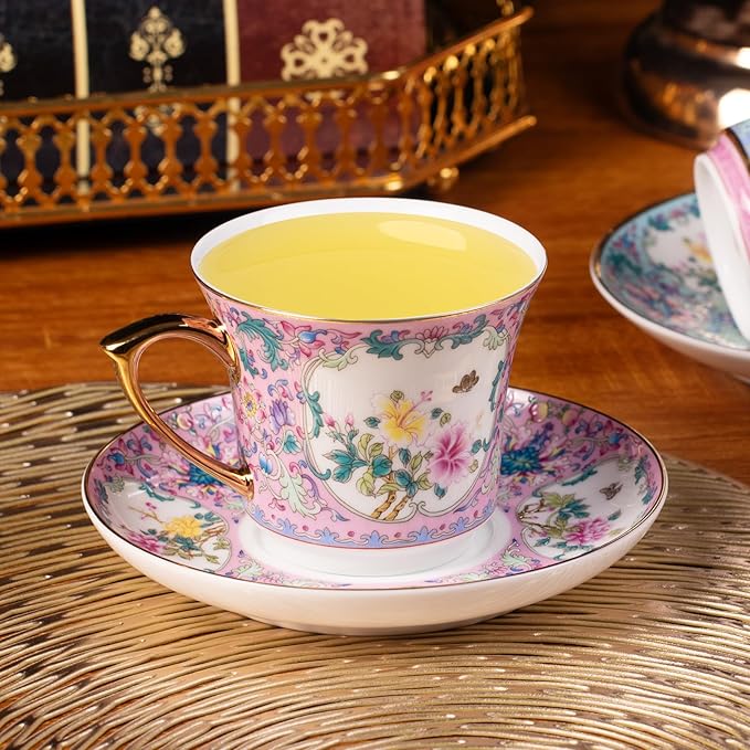 KAMMAK Tea Cups and Saucers Set of 2, Porcelain Coffee Cups with Saucer for Espresso, Cappuccino, 8oz Vintage Pink and Blue Ceramic Novelty Mug for Home, Tea Party, Office