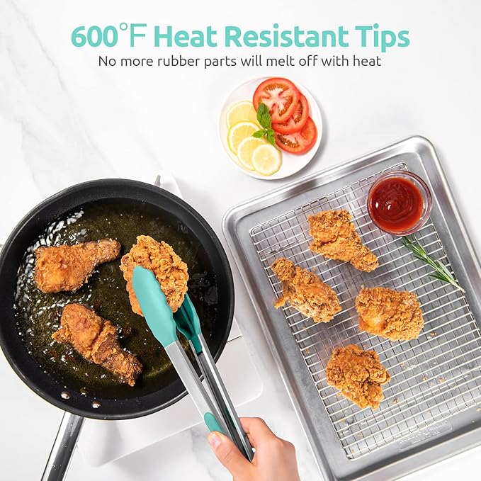 600쨘F Heat Resistant Kitchen Tongs: U-Taste 12 in Large Silicone Cooking Tong with Sturdy Non Stick Rubber Tips & Silicon Coated 18/8 Stainless Steel Handle & Smooth Locking for Serving Grill-Aqua Sky