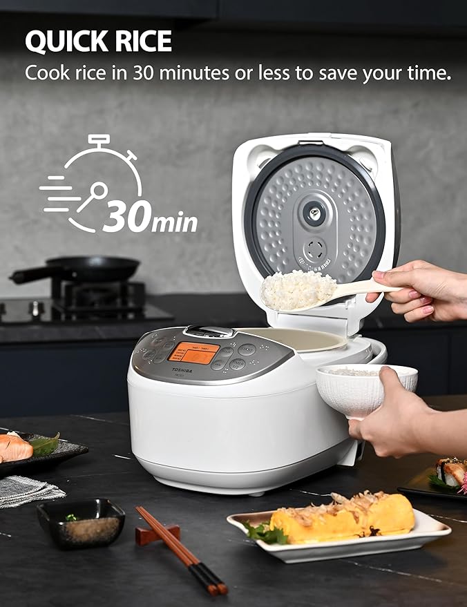 Toshiba Rice Cooker 6 Cup Uncooked ??Japanese Rice Cooker with Fuzzy Logic Technology, 7 Cooking Functions, Digital Display, 2 Delay Timers and Auto Keep Warm, Non-Stick Inner Pot, White