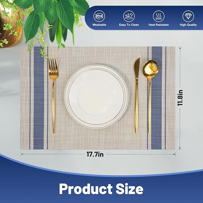 flohar Placemats Set of 12竊똍on-Slip PVC Weave Table Mats Easy to Clean竊똇eat Resistant Place Mats for Kitchen Dining Table Decoration Indoor Outdoor竊똊haki Blue