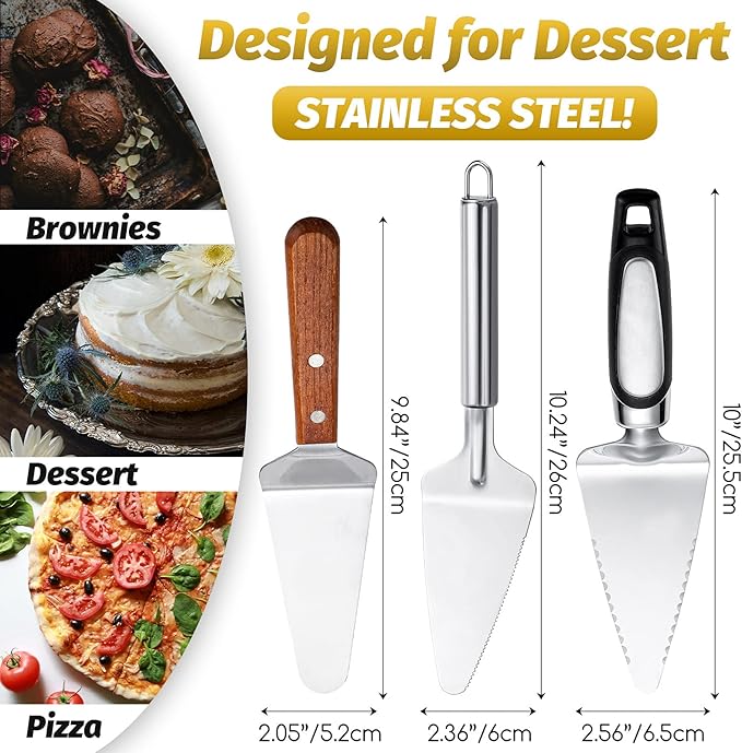 3 Pieces Pie Server Set Stainless Steel Pie Spatula Serrated with Comfortable Handle, Easy to Grip for Cutting and Serving Desserts Pizza and Cake