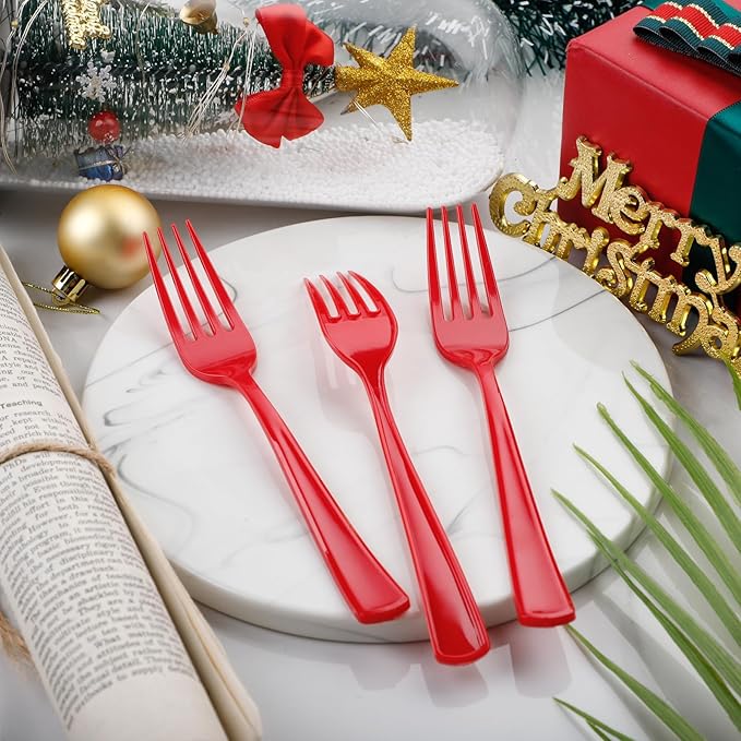 WDF 100 Pieces Red Christmas Forks - 7.4inch Heavy Duty Red Forks Disposable - Plastic Silverware for Dessert Cake - Plastic Cutlery for Party/Birthday/Daily/Valentine's Day
