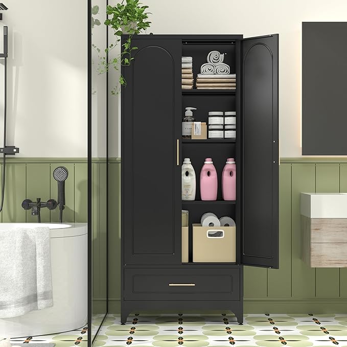 Black Pantry Kitchen Cabinet with Drawer, 75 Inch Metal Storage Cabinet with Doors and Shelves, Steel Food Pantries, Large Freestanding Cupboard for Living&Dining Room-Assemble Required