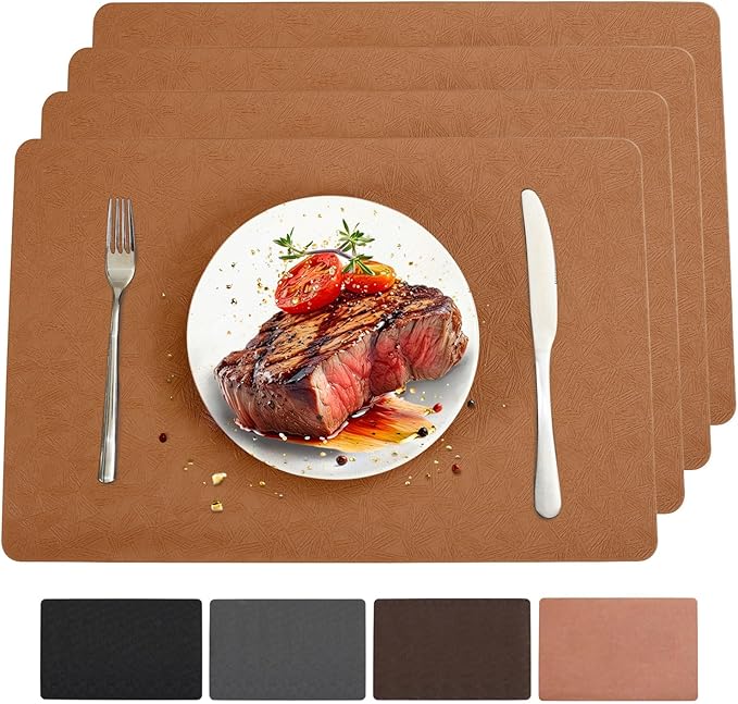 Bxzandya Vinyl Placemats Set of 4 Heat Resistant Easy Clean Non-Slip Place Mats for Dining Table Faux Leather Waterproof Stain Resistant Wipeable Washable PVC Table Mats(4, Light Brown)