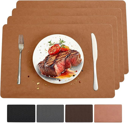 Bxzandya Vinyl Placemats Set of 4 Heat Resistant Easy Clean Non-Slip Place Mats for Dining Table Faux Leather Waterproof Stain Resistant Wipeable Washable PVC Table Mats(4, Light Brown)