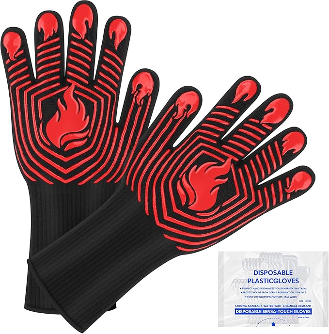 BBQ Gloves, 1472째F Heat Resistant Gloves Fireproof Mitts, Grilling Gloves Silicone Non-Slip Washable Oven Glove, Kitchen Glove for Barbecue, Grilling, Cooking, Baking, Camping, Smoker (Red)