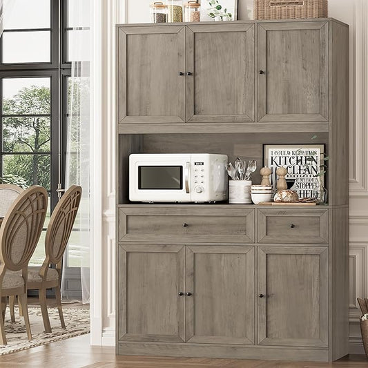 72" Kitchen Pantry Cabinet, Kitchen Hutch with Microwave Stand, Buffet Cabinet with Hutch for Dining Room, Ash Gray