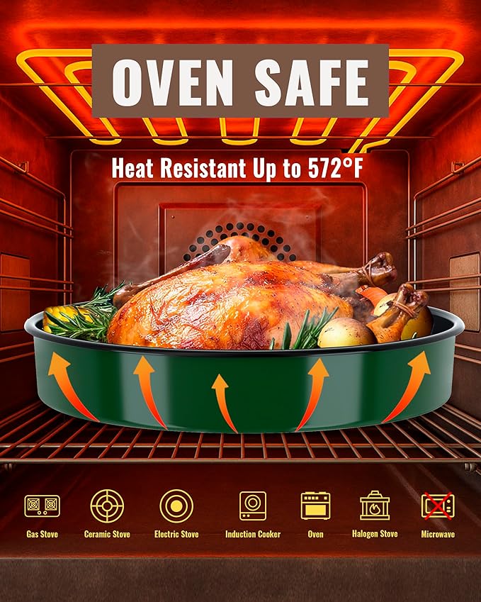 Round Baking Cake Pans Set Roasting Dish 4-Pack 9/10/12/14 Inch Enamel Non Stick Large Cookware for Cake Bread Pie Pizza Turkey Steak, Non-Toxic Carbon Steel Oven Dishwasher Safe Christmas Bakeware
