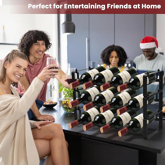 Black Wine Rack for 12 Bottles ??Stackable & Expandable Metal Wine Bottle Holder for Bar Counter, Cabinet, Pantry, or Small Spaces ??Modern Freestanding Wine Storage Shelf (3 Tier, Black)