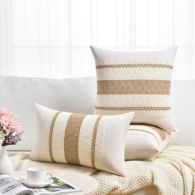 Fancy Homi Set of 2 Boho Neutral Lumbar Decorative Throw Pillow Cover 12x20 Inch for Couch Bed Sofa Chair, Modern Organic Farmhouse Home Decor, Soft Cotton Cute Accent Tan Rectangle Cushion Case