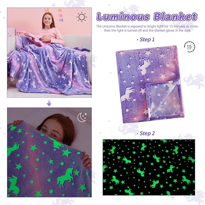 QSTEHEML Unicorns Glow in The Dark Blanket for Girls,Unicorn Gifts for Girls Age 3 4 5 6 7 8 9 10 11 12 Year Old, Soft Unicorns Purple Blanket - Christmas Birthday Bedroom Decor 50"횞60"