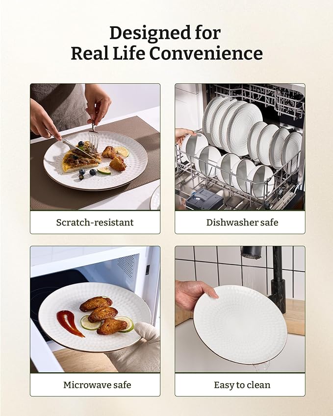 Famiware Eden Plates and Bowls Sets, Stoneware Dinnerware Sets with Gold Trim, 18 Pieces Dishes Set for 6 - Chip and Scratch Resistant, Microwave and Dishwasher Safe, White Circle