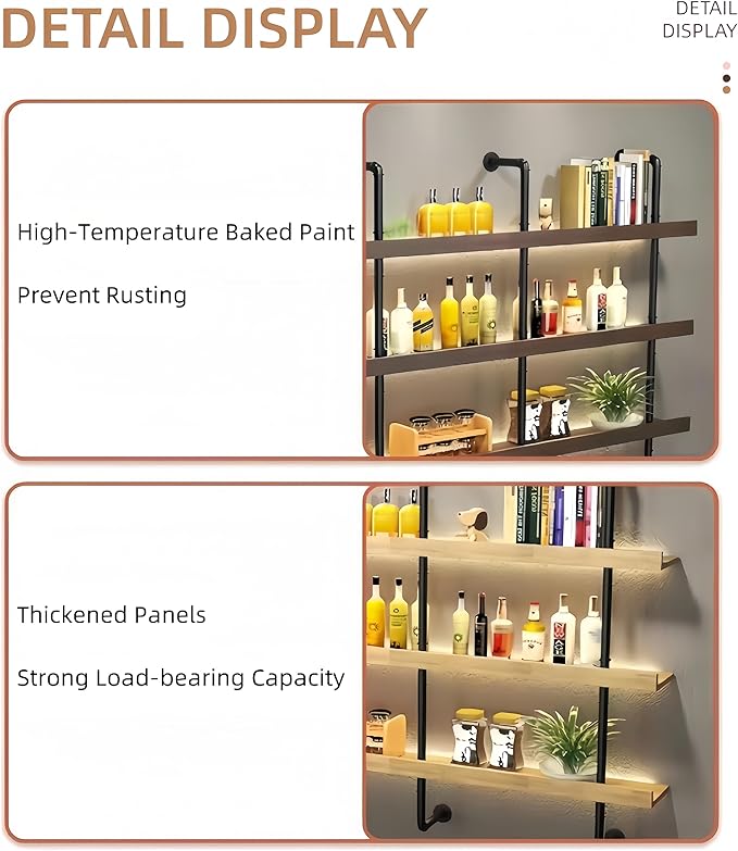 86 Inch Large Wall Mounted Wine Rack, 3 Tier Industrial Pipe Shelf Rustic Wood Floating Shelves, Wall Bar Shelves for Liquor Bottles Display Storage Organizer for Dining Room(Walnut, No Lights)