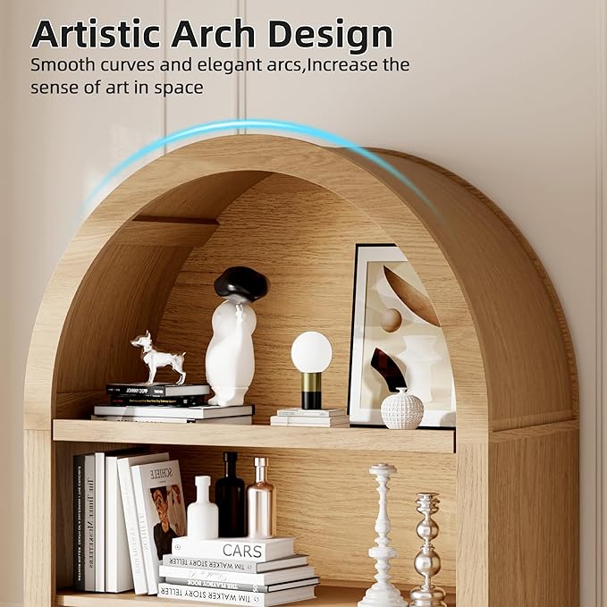 Arched Kitchen Pantry for, 63" Tall Wooden Entryway Storage Cabinet with 2 Doors & 5 Tier Adjustable Shelves, Versatile Farmhouse Hallway Organizer for Entryway, Bedroom, Dining Room