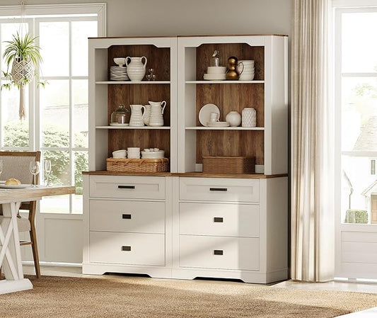 WAMPAT 2 Column 3 Tier Pantry Cabinet with Drawer,73.3" Tall Floor Standing Cupboard,Modern Farmhouse Display Kitchen Buffet with Adjustable Shelves for Dining Room,Living Room,Rustic White