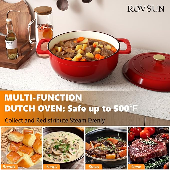 ROVSUN Enameled Cast Iron Round Dutch Oven, 6QT Pot with Lid &Dual Handles with Silicone Gloves,Oven Safe up to 500째F, Heavy-Duty Pre-Seasoned Cookware for Bread Baking, Braising, Stews, Roasting, Red