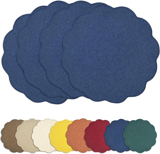 AHHFSMEI Round Faux Linen Placemats Set of 4 Waterproof Table Mats Heat Resistant Non-Slip and Stain Proof for Kitchen Dining Elegant Decor (Navy Blue,4)