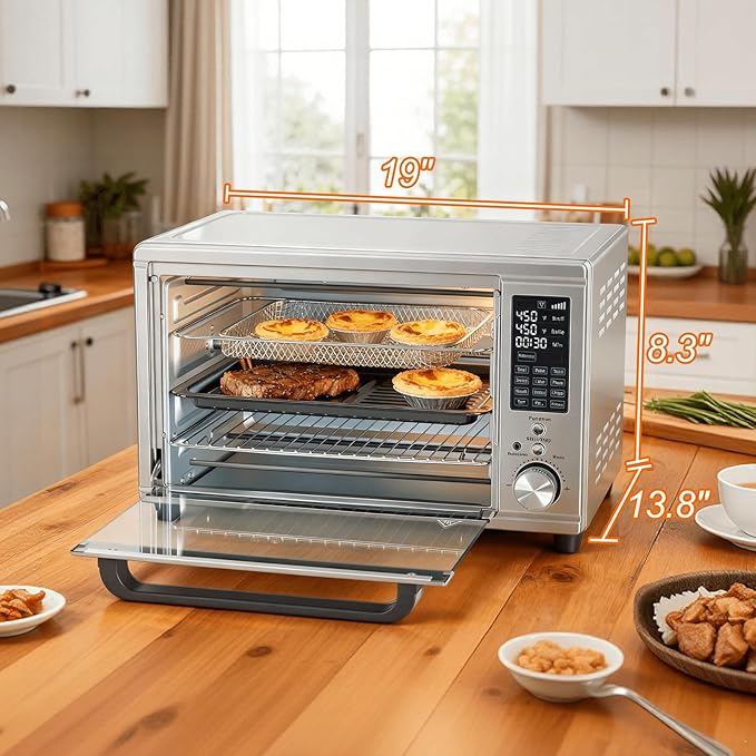 OLIXIS Air Fryer Toaster Oven Combo Extra Large with Smart Probe, 29.6QT Oven Countertop 12 Functions in 1, 7 Accessories Included, Stainless, Up to 450°F