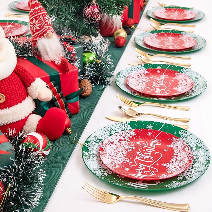 Rubtlamp 60Pcs Christmas Plastic Plates, Red Disposable Plates with Snowflake, Green Plastic Plates, Christmas Party Plates Include 30 Red Dessert Plates, 30 Green Dinner Plates