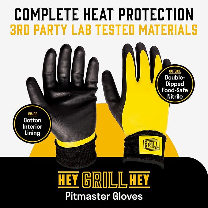 Hey Grill Hey Pitmaster Gloves | BBQ Gloves | Heat Protection up to 500째F or 260째C | High Temp Resistance | Fireproof Glove for Grilling Smoking Barbecue | Washable Mitts | Waterproof | Size - Medium