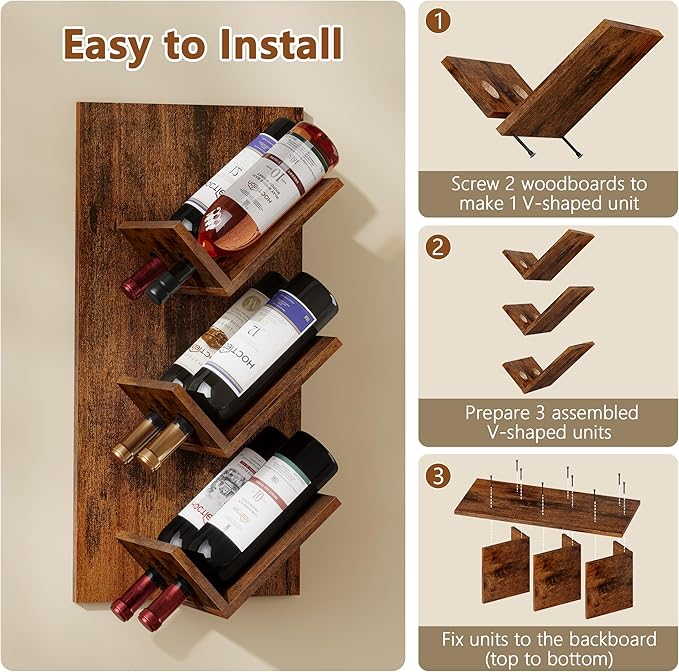 Hoctieon Wine Rack Wall Mounted, 6 Bottles Hanging Wine Racks Bar Shelves for Display & Storage, Rustic Wood Wine Bottle Holder for Home Bar, Kitchen, Dining Room, Rustic Brown