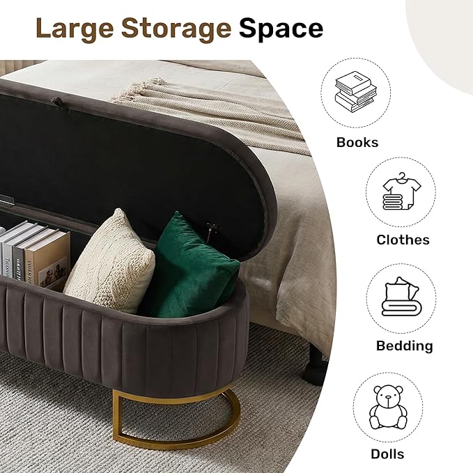 VIROL 65 Inch Storage Ottoman Bench Velvet End of Bed Storage Bench King Size Upholstered Tufted Bench Large Space for Bedroom Living Room Entryway Dark Grey
