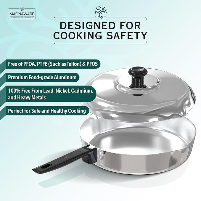 Cast Aluminum Saut챕 Pan with Lid 10 inch - Oven Safe Deep Frying Pan with Lid, Two Side Spouts and Ergonomic Stay-Cool Handle for Comfortable Grip and Pouring (3 Quart)