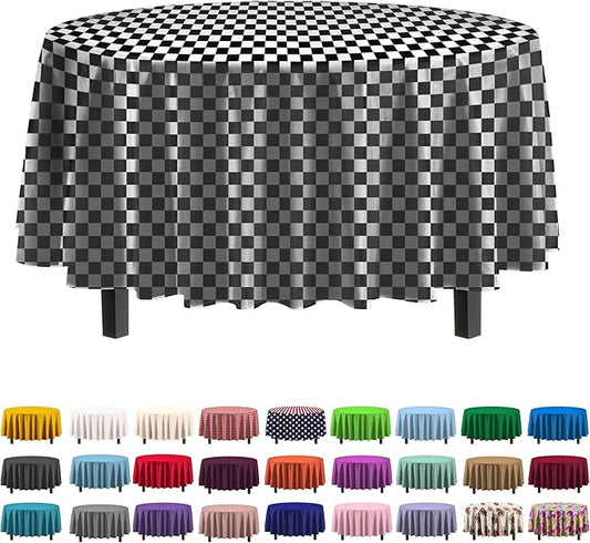 Party Solids Pack Of 6 Premium Plastic Tablecloth 84 Inch Round Plastic Table Cover - Checkered