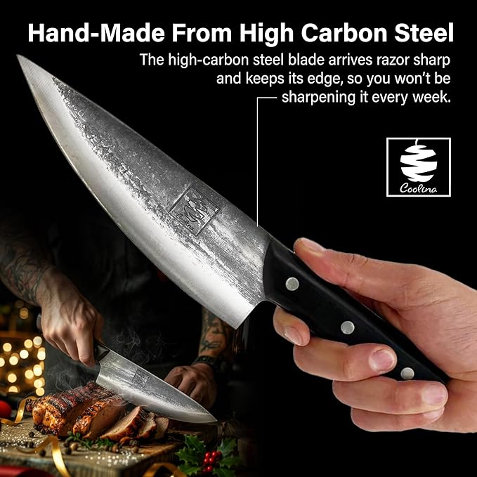 COOLINA Altomino and Tungsten Knife Set ??Hand-Forged Chef Knife and Precision Slicing Knife Bundle ??High Carbon Steel Full Tang Butcher Knives for Meat, Veggies, BBQ & Kitchen Prep