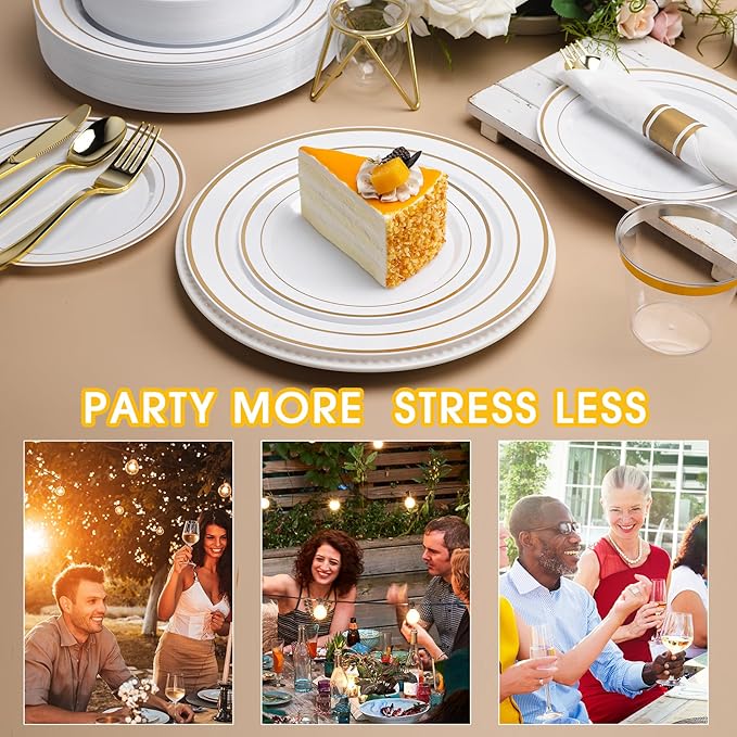 350 PCS White and Gold Plastic Dinnerware Set for 50 Guests, 100 Thanksgiving Disposable Plates for Party, 50 Pre Rolled Napkins with Gold Silverware, 50 Cups