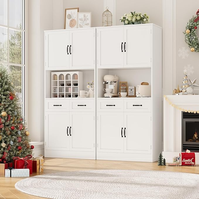 HOSTACK 71??Tall Kitchen Pantry Storage Cabinet, Modern Kitchen Hutch Bar Cabinet with Microwave Stand, Wood Buffet Sideboard with Hutch, Cupboard with Drawers, Shelves for Dining Room, White