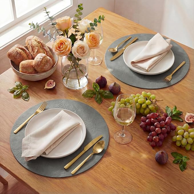 Artoid Mode Grey Faux Leather Placemats Set of 6, 15 Inch Waterproof Wipeable Heat Resistant Place Mats, Reversible Table Mats for Winter Kitchen Dining Decor