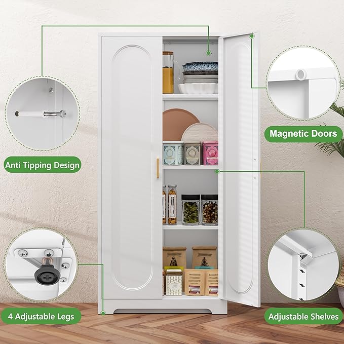 60" Tall Kitchen Pantry Storage Cabinet,Black Freestanding Cupboard Cabinet with 2 Doors and 3 Adjustable Shelves for Diningroom,Bathroom,Laundry,Living Room