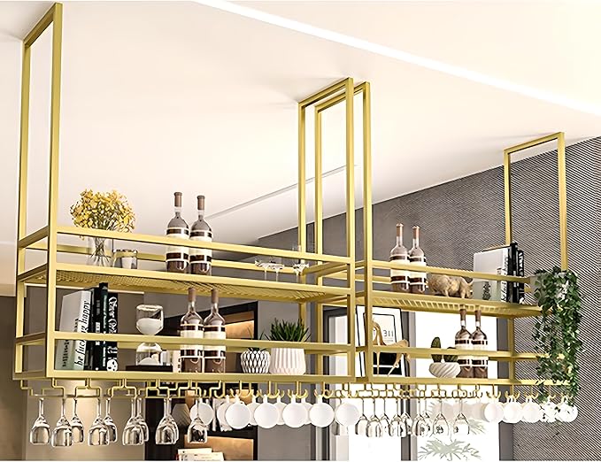 Ceiling Wine Glass Rack, Hanging Wine Display Shelf 2-Tier, Bar Liquor Storage Shelf for Bar Cafe Kitche, Metal Wine Bottle, Goblet Stemware Rack (Gold, 31.49x39.37x11.81in)