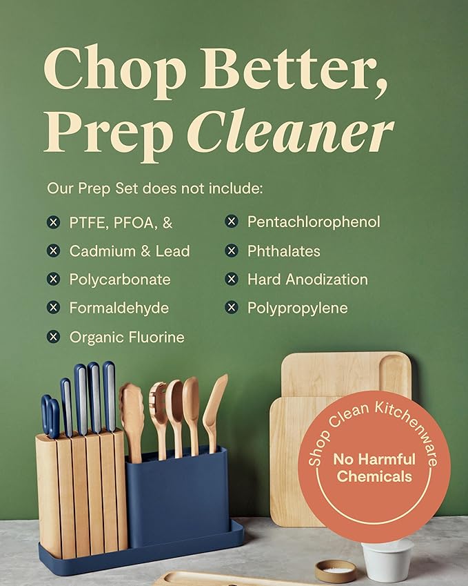 Caraway 14-Piece Kitchen Prep Set - Kitchen Knife Set & Wooden Utensil Set - Made With Premium German Steel Blades & FSC-Certified Birch Wood - Non-Toxic Materials - Includes Organizer - Navy