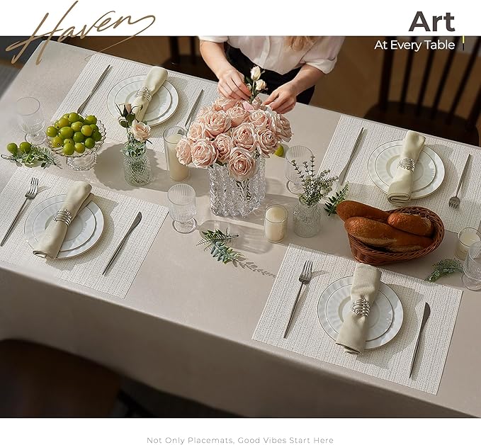 Leetaltree Luxury White and Silver Woven Placemats Set of 6 - Waterproof Washable Textured Table Mats for Wedding, Anniversary, Daily Use - Sparkling Metallic Thread Table Decor - Hand-Cut
