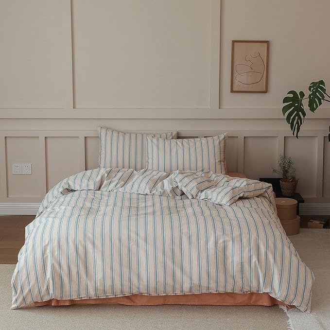 LifeTB Full Comforter Set Blue Brown Striped Comforter Set, 3 Pieces Retro Stripes Pattern Printed Comforter with 2 Pillowcases, Lightweight Fluffy Soft Breathable Striped Bedding Set for All Seasons