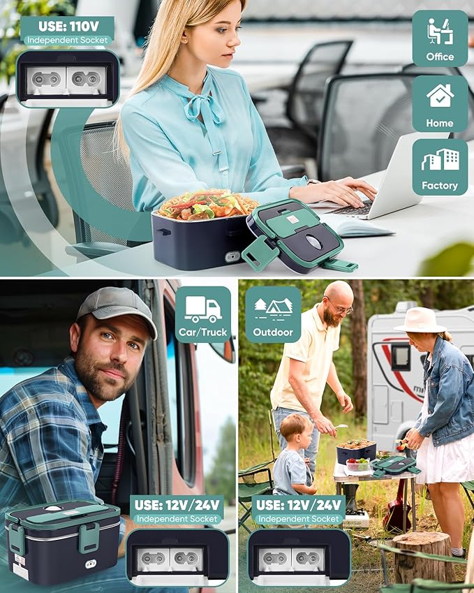 Eocolz Electric Lunch Box Food Heater Warmer 100W, 1.8L Portable Heated Lunch Box for Car Truck Work with Stainless Steel Container Fork & Spoon 12/24/110V Lonchera El챕ctrica