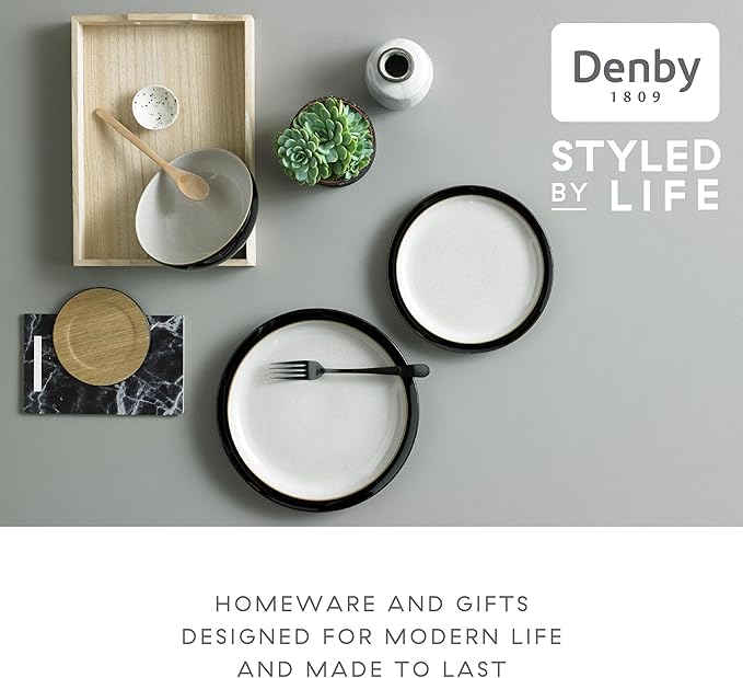 Denby - Elements Black 3 Piece Set For 1 - Contemporary One Person Ceramic Tableware - Dishwasher & Microwave Safe, Scratch Resistant Stoneware - Includes 1 x Large Plate, Side Plate & Cereal Bowl
