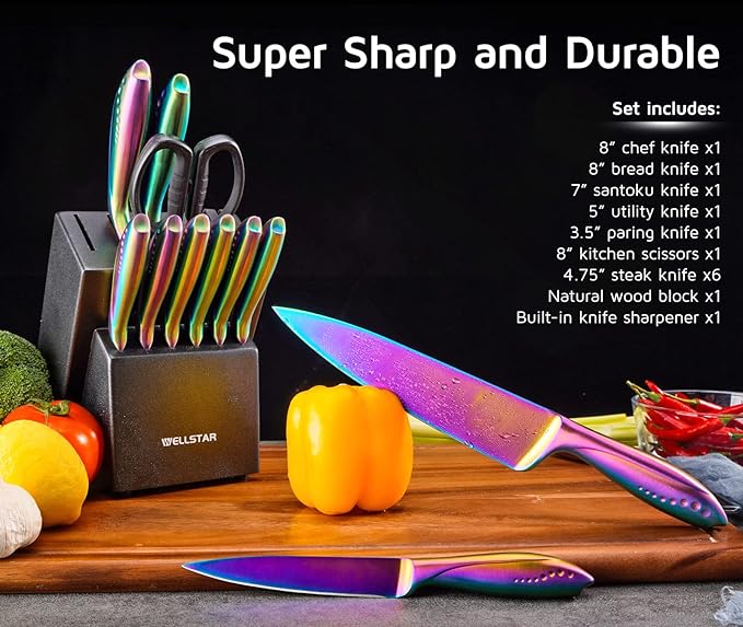WELLSTAR Rainbow Knife Set 14 Pieces, Iridescent German Stainless Steel Kitchen Knives Set with Wooden Block, Colorful Titanium Coating, Chef?셲 Knife Block Set with Scissors and Built-in Sharpener