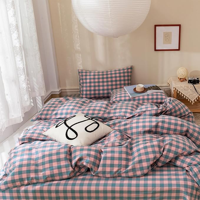 LifeTB Twin XL Comforter Set Purple Pink Plaid Bedding Comforter with 2 Pillowcases Geometric Checkered Pattern Comforter Set for All Season Fluffy Soft Lightweight Bedding Comforter Twin XL Size