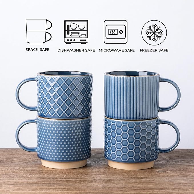 GBhome 8OZ Stackable Coffee Mugs, Ceramic Coffee Mugs with Texture Patterns for Man,Woman,Dad,Mom, Modern Coffee Cups Set of 4 for Espresso/Cappuccino/Cocoa. Dishwasher&Microwave Safe, Moonlight Blue