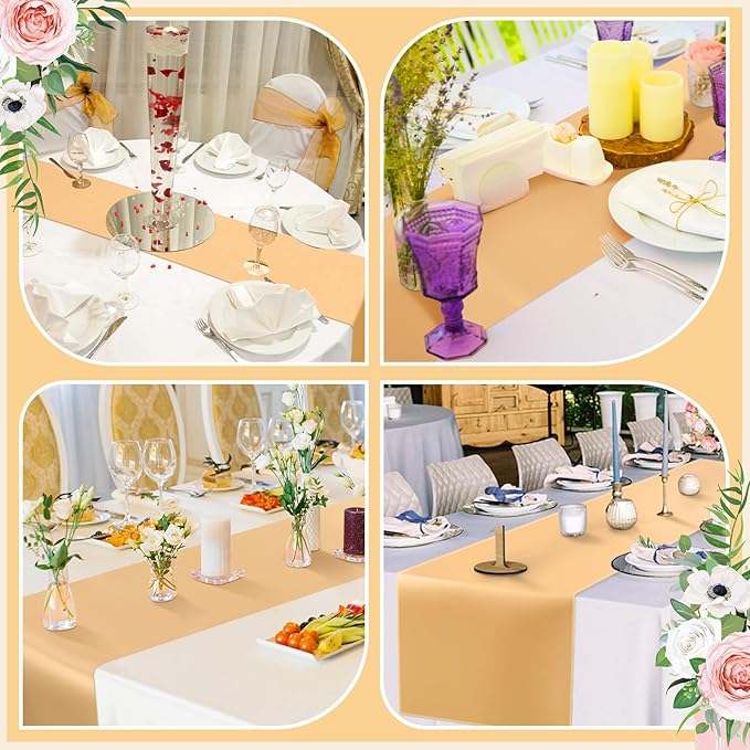 Bencailor 24 Pcs Champagne Satin Table Runner Bulk 12 x 108 Inches Long Table Runners Bright Smooth Fabric Tablecloth for Wedding Banquet Birthday Valentines St Patrick's Day Party Decorations